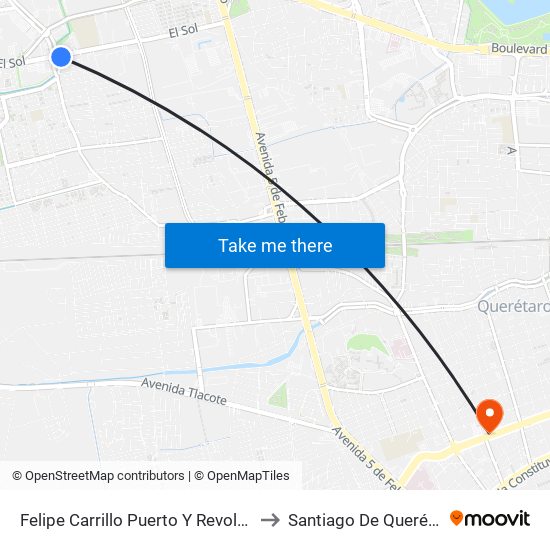 Felipe Carrillo Puerto Y Revolución to Santiago De Querétaro map