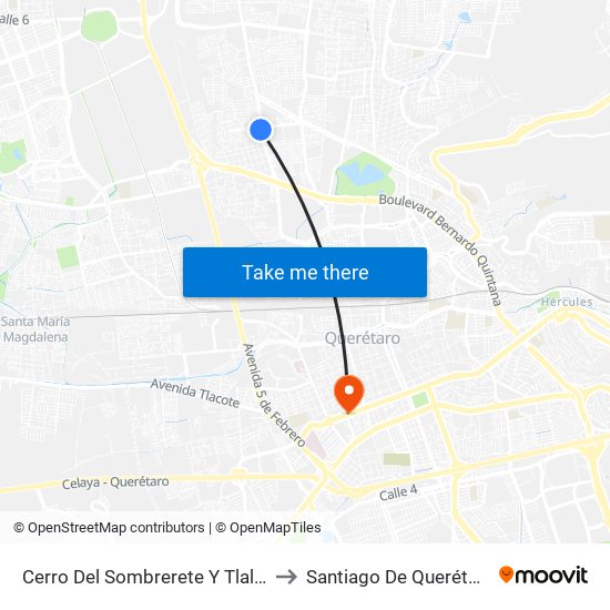 Cerro Del Sombrerete Y Tlaloc to Santiago De Querétaro map