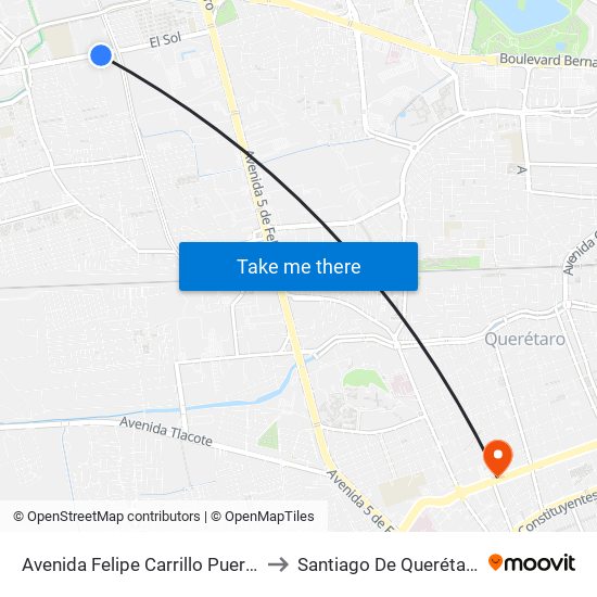 Avenida Felipe Carrillo Puerto to Santiago De Querétaro map