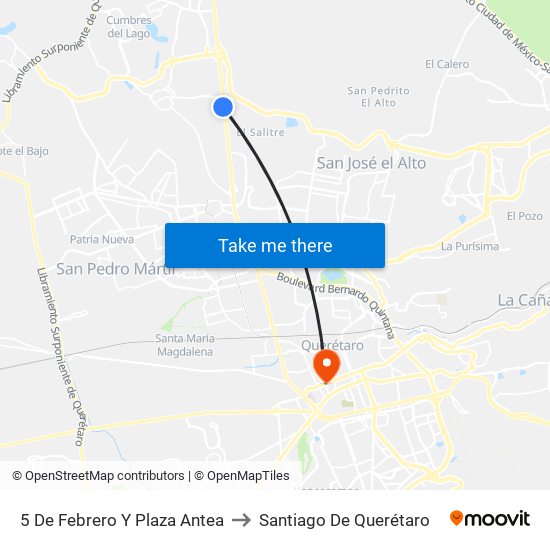 5 De Febrero Y Plaza Antea to Santiago De Querétaro map