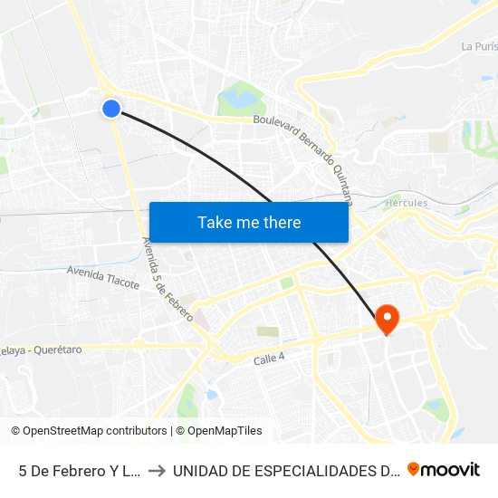 5 De Febrero Y La Obrera to UNIDAD DE ESPECIALIDADES DE ONCOLOGÍA map