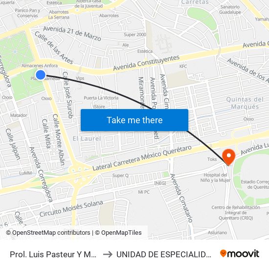 Prol. Luis Pasteur Y Manuel Gomez Morin to UNIDAD DE ESPECIALIDADES DE ONCOLOGÍA map