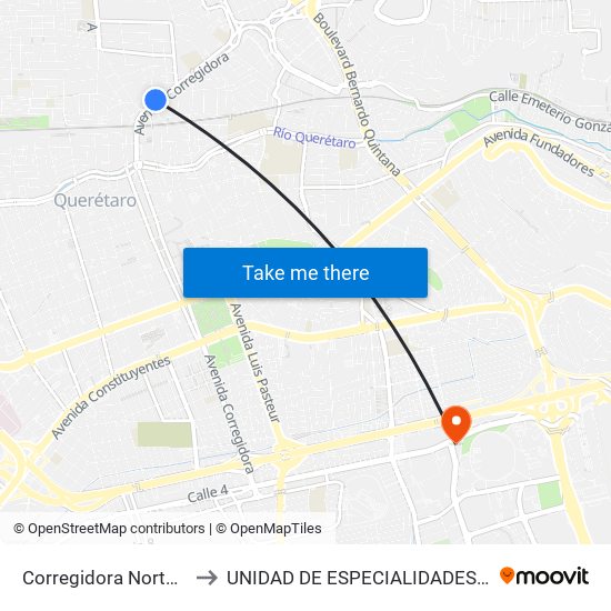 Corregidora Norte Y Metralla to UNIDAD DE ESPECIALIDADES DE ONCOLOGÍA map