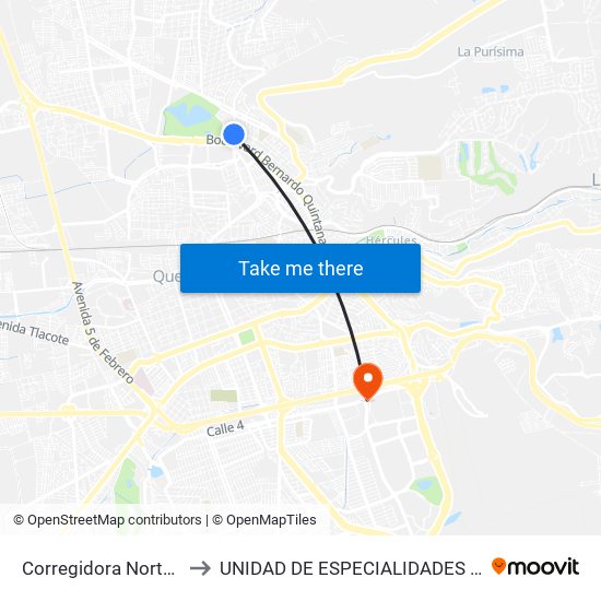 Corregidora Norte Y Morera to UNIDAD DE ESPECIALIDADES DE ONCOLOGÍA map