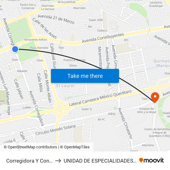 Corregidora Y Constituyentes to UNIDAD DE ESPECIALIDADES DE ONCOLOGÍA map