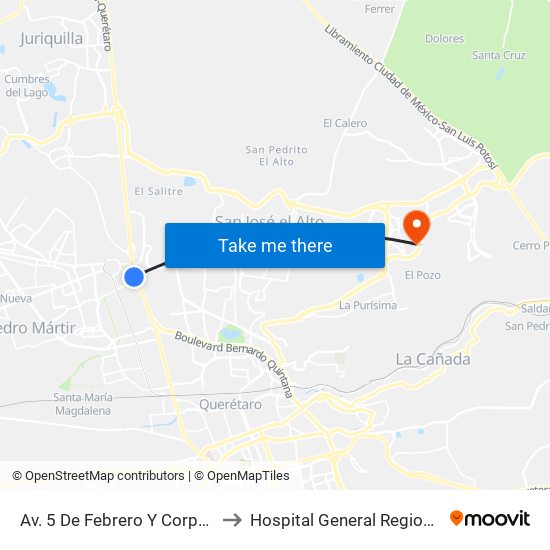 Av. 5 De Febrero Y Corporativo Santander to Hospital General Regional 2 "El Marqués" map