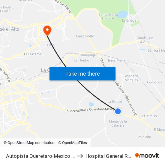 Autopista Queretaro-Mexico Y Parque Industrial El Marques to Hospital General Regional 2 "El Marqués" map