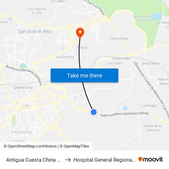Antigua Cuesta China Y Puente Conin to Hospital General Regional 2 "El Marqués" map