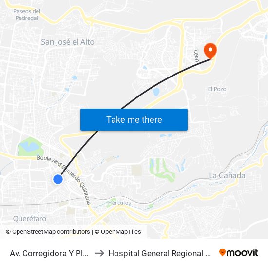 Av. Corregidora Y Plaza Dorada to Hospital General Regional 2 "El Marqués" map