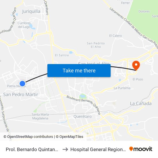 Prol. Bernardo Quintana Y Tarahumaras to Hospital General Regional 2 "El Marqués" map