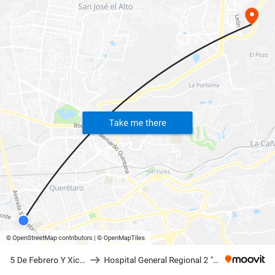 5 De Febrero Y Xicotencatl to Hospital General Regional 2 "El Marqués" map