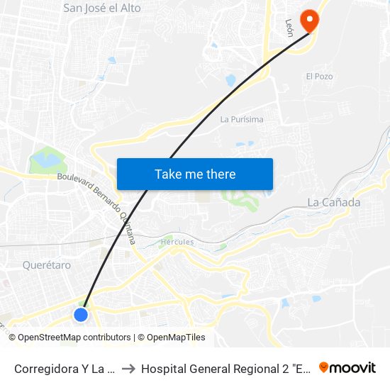 Corregidora Y La Fragua to Hospital General Regional 2 "El Marqués" map
