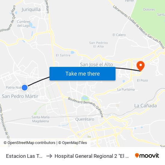 Estacion Las Torres to Hospital General Regional 2 "El Marqués" map