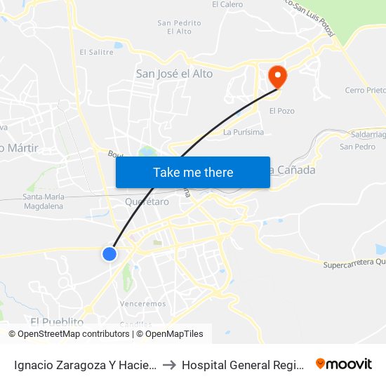 Ignacio Zaragoza Y Hacienda Chichimequillas to Hospital General Regional 2 "El Marqués" map