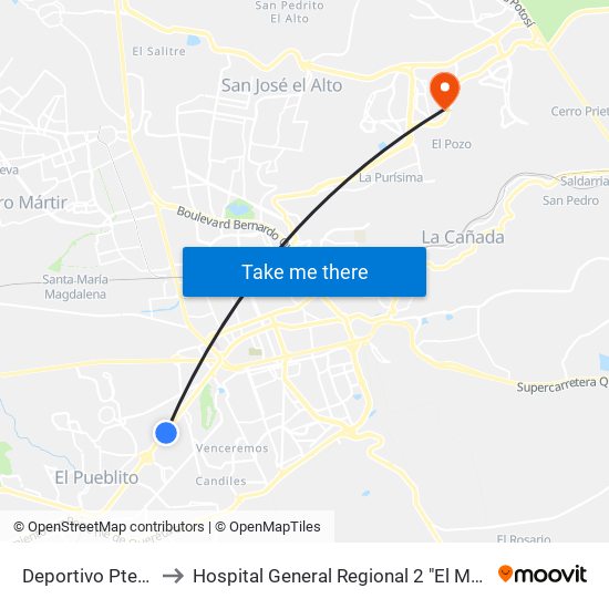 Deportivo Pte-Ote to Hospital General Regional 2 "El Marqués" map