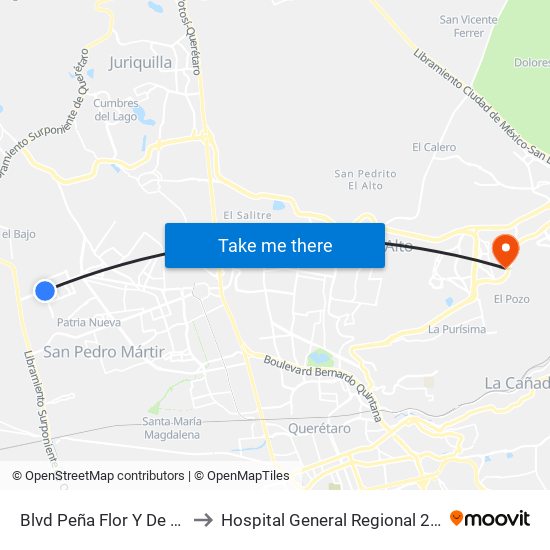 Blvd Peña Flor Y De La Cantera to Hospital General Regional 2 "El Marqués" map
