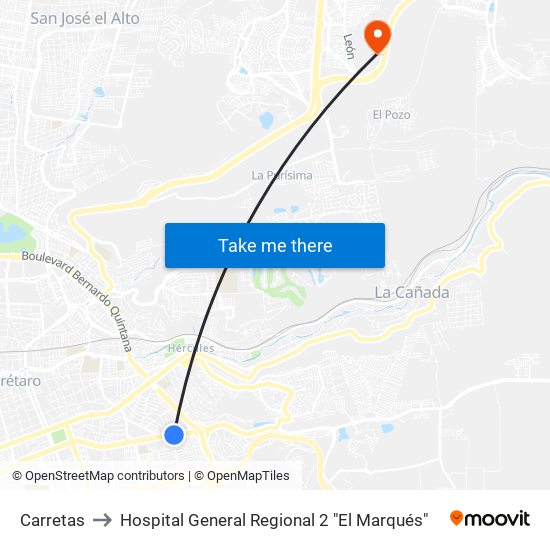 Carretas to Hospital General Regional 2 "El Marqués" map