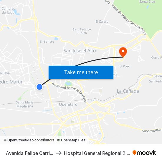 Avenida Felipe Carrillo Puerto to Hospital General Regional 2 "El Marqués" map