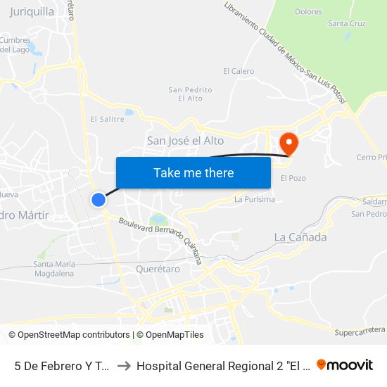 5 De Febrero Y Tremec to Hospital General Regional 2 "El Marqués" map