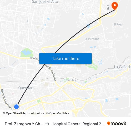 Prol. Zaragoza Y Churubusco to Hospital General Regional 2 "El Marqués" map