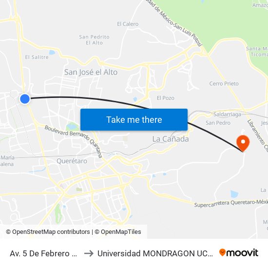 Av. 5 De Febrero Y Corporativo Santander to Universidad MONDRAGON UCO (Universidad MONDRAGÓN MÉXICO) map
