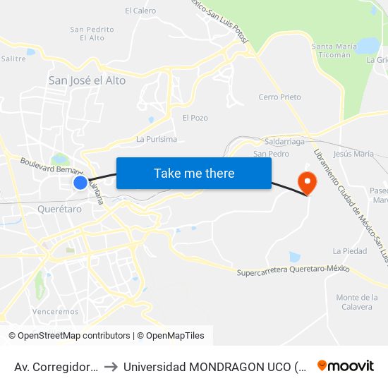 Av. Corregidora Y Plaza Dorada to Universidad MONDRAGON UCO (Universidad MONDRAGÓN MÉXICO) map