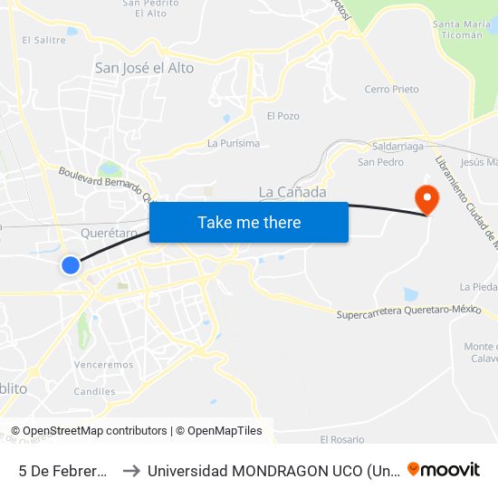 5 De Febrero Y Xicotencatl to Universidad MONDRAGON UCO (Universidad MONDRAGÓN MÉXICO) map