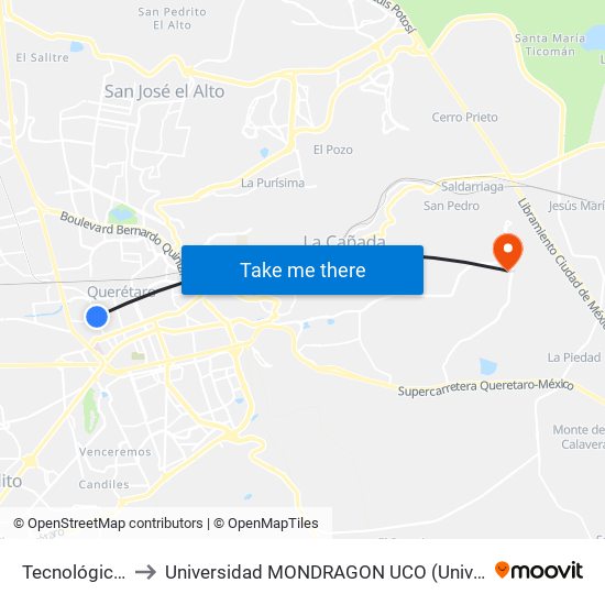 Tecnológico E Hidalgo to Universidad MONDRAGON UCO (Universidad MONDRAGÓN MÉXICO) map