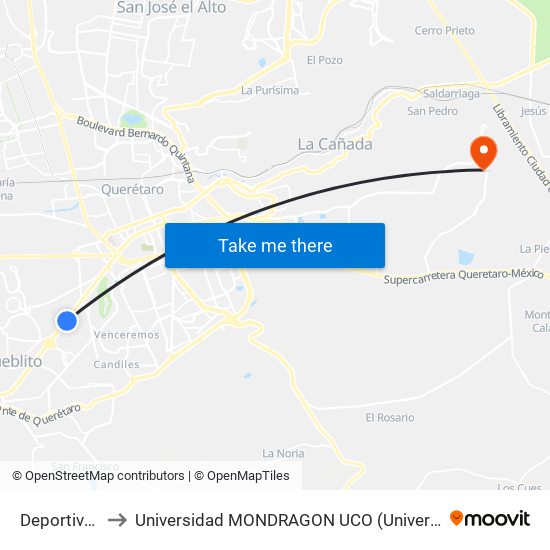Deportivo Pte-Ote to Universidad MONDRAGON UCO (Universidad MONDRAGÓN MÉXICO) map