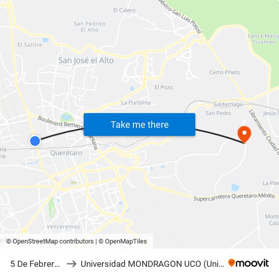 5 De Febrero Y San Diego to Universidad MONDRAGON UCO (Universidad MONDRAGÓN MÉXICO) map