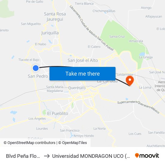 Blvd Peña Flor Y De La Cantera to Universidad MONDRAGON UCO (Universidad MONDRAGÓN MÉXICO) map
