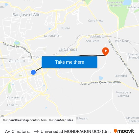 Av. Cimatario E Ingenieros to Universidad MONDRAGON UCO (Universidad MONDRAGÓN MÉXICO) map