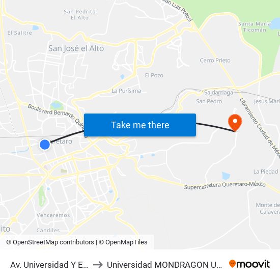 Av. Universidad Y El Tecnologico De Queretaro to Universidad MONDRAGON UCO (Universidad MONDRAGÓN MÉXICO) map