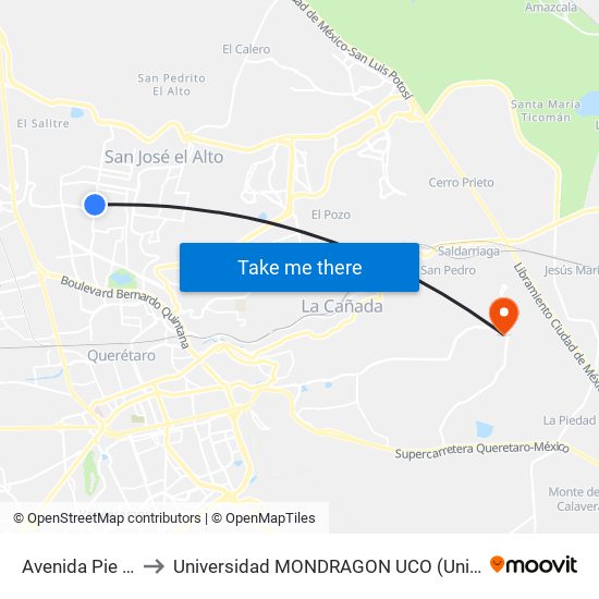 Avenida Pie De La Cuesta to Universidad MONDRAGON UCO (Universidad MONDRAGÓN MÉXICO) map