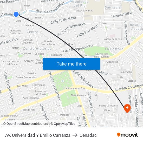 Av. Universidad Y Emilio Carranza to Cenadac map