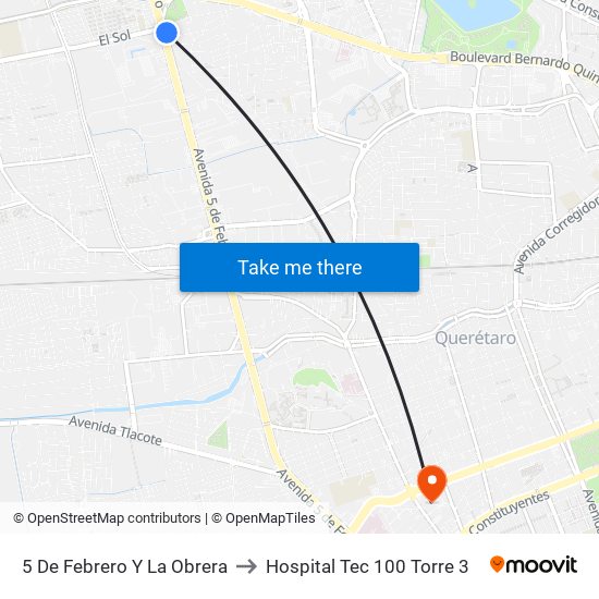 5 De Febrero Y La Obrera to Hospital Tec 100 Torre 3 map