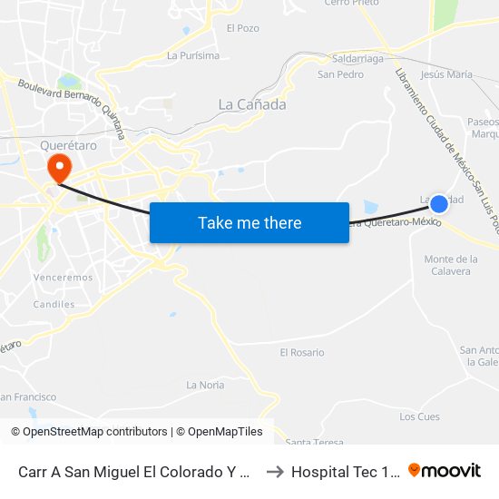 Carr A San Miguel El Colorado Y Calle San Juan Del Río to Hospital Tec 100 Torre 3 map