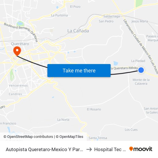 Autopista Queretaro-Mexico Y Parque Industrial El Marques to Hospital Tec 100 Torre 3 map