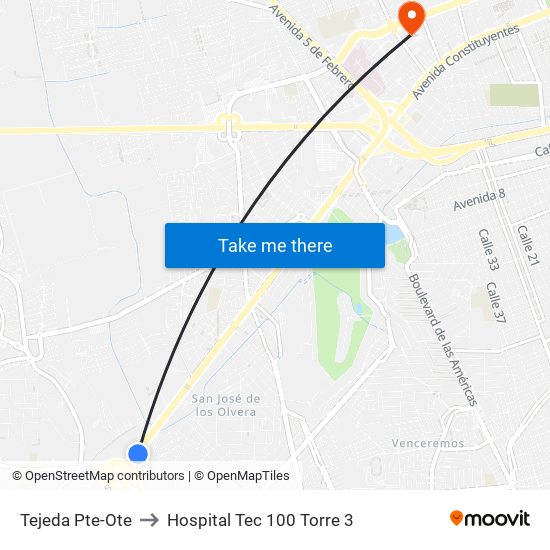 Tejeda Pte-Ote to Hospital Tec 100 Torre 3 map