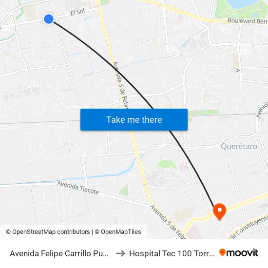 Avenida Felipe Carrillo Puerto to Hospital Tec 100 Torre 3 map