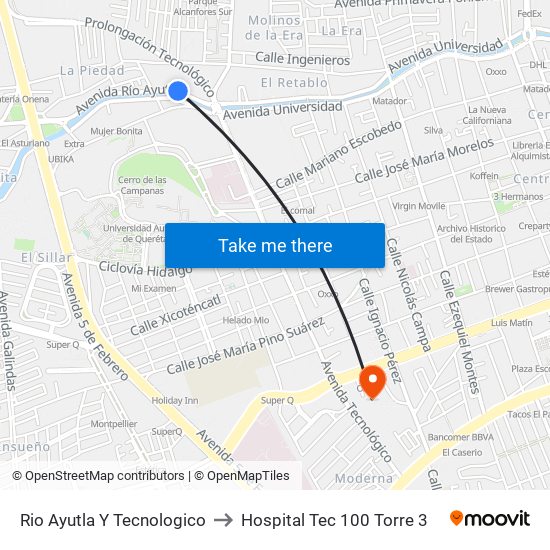 Rio Ayutla Y Tecnologico to Hospital Tec 100 Torre 3 map