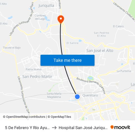 5 De Febrero Y Río Ayutla to Hospital San José Juriquilla map