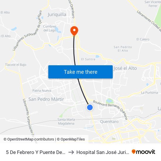 5 De Febrero Y Puente De Mabe to Hospital San José Juriquilla map