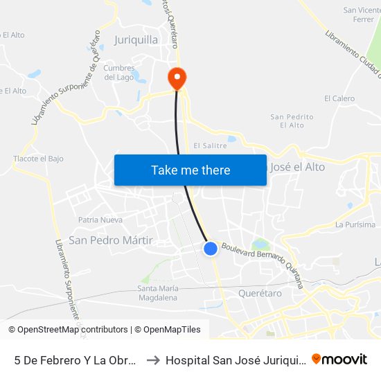 5 De Febrero Y La Obrera to Hospital San José Juriquilla map