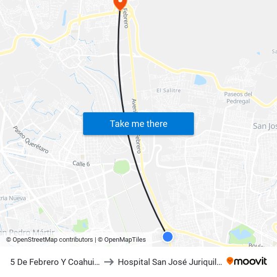 5 De Febrero Y Coahuila to Hospital San José Juriquilla map