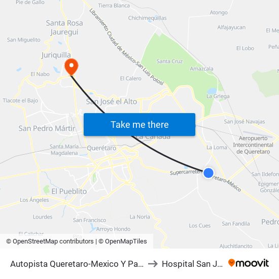 Autopista Queretaro-Mexico Y Parque Industrial El Marques to Hospital San José Juriquilla map