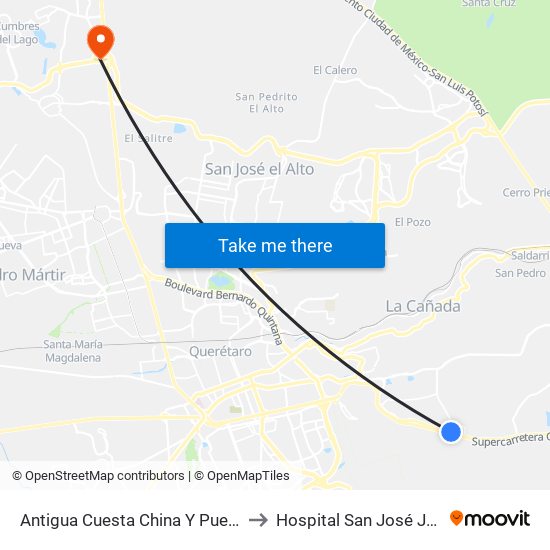 Antigua Cuesta China Y Puente Conin to Hospital San José Juriquilla map