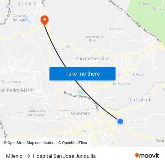 Milenio to Hospital San José Juriquilla map