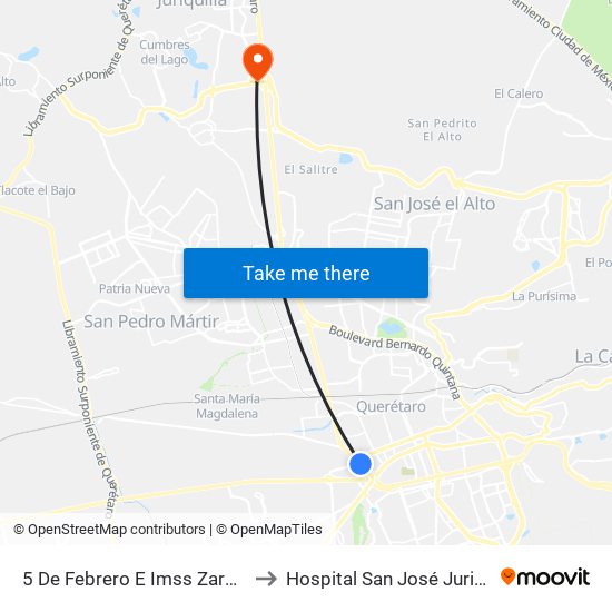 5 De Febrero E Imss Zaragoza to Hospital San José Juriquilla map