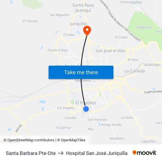 Santa Barbara Pte-Ote to Hospital San José Juriquilla map